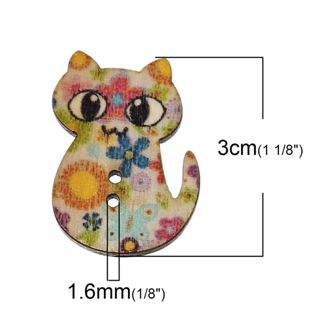 50 PCS/Lot Multicolored Cat Shape 2 Holes Wooden Buttons For Clothing Sewing and Crafting DIY Clothing Sewing Accessories