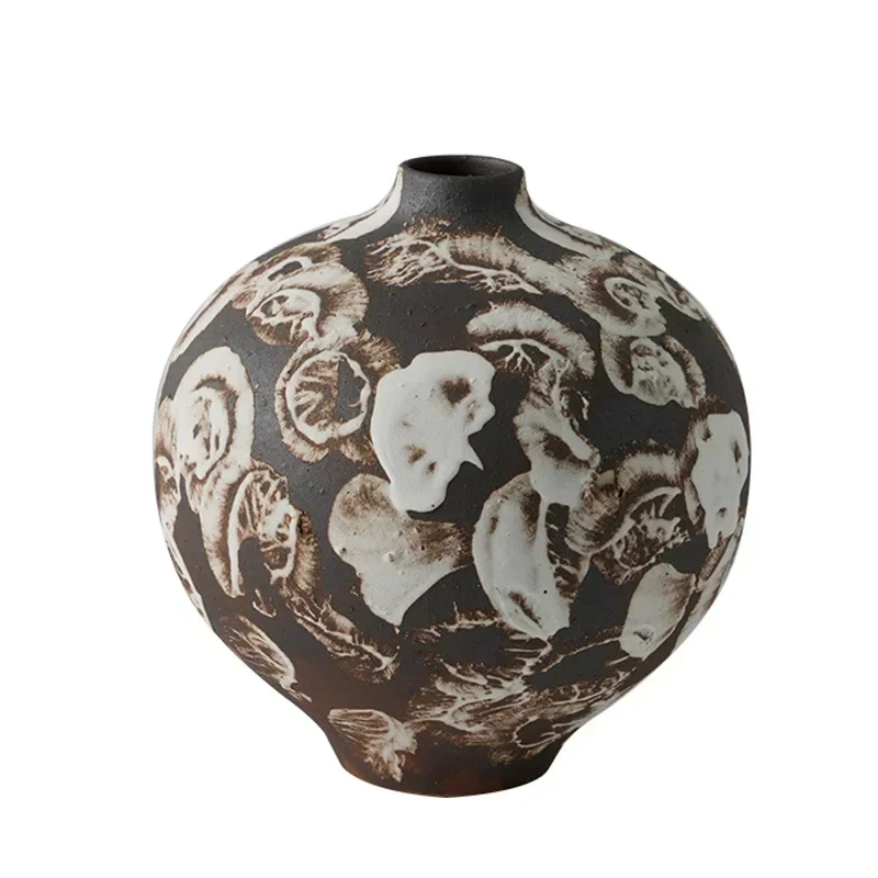 

Wabi Sand medieval ceramic jar vase home model room soft packaging round belly small mouth flower arrangement desktop
