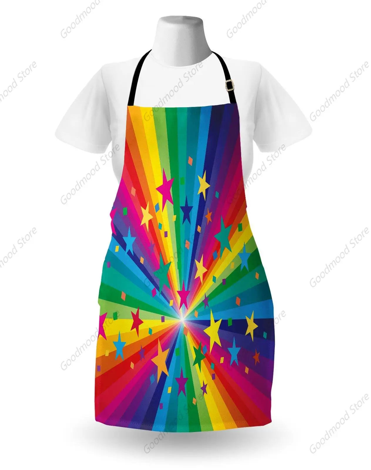 Rainbow Apron, Abstract Graphic Colorful Stripes and Stars with Spectrum Ray Illustration, Unisex Kitchen Bib with Adjustable