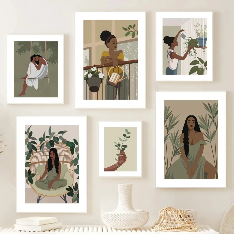 Abstract African Black Girl Swing Hand Flower Art Canvas Painting Nordic Posters And Prints Wall Pictures For Living Room Dec