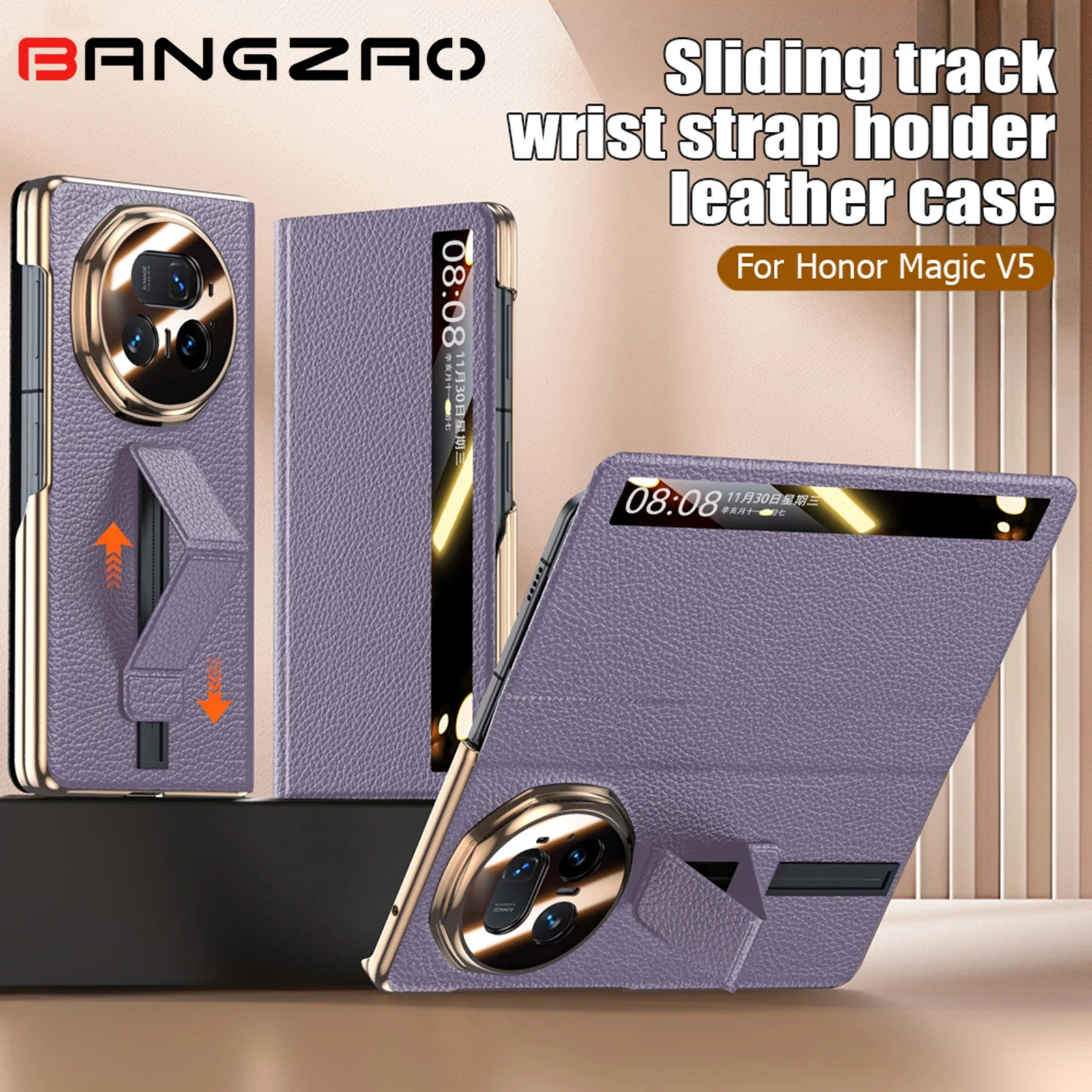 

Чехол для телефона Honor Magic V5, чехол из натуральной кожи, с ремешком на запястье, откидной чехол для защиты всего тела, фиолетовый