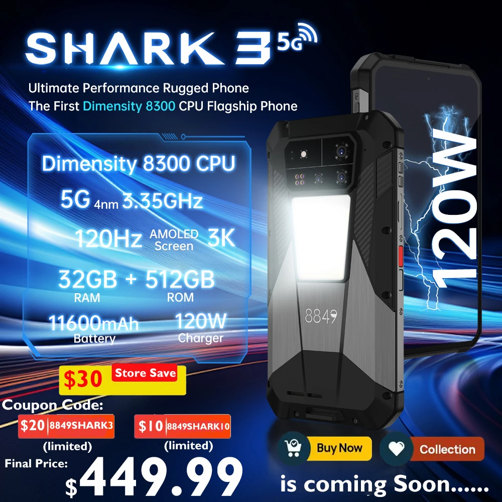 8849 SHARK 3 by Unihertz Rugged Smartphone Android 14 32GB 512GB Dimensity 8300 3K AMOLED Screen 11600mAh Night Camera 5G Phone