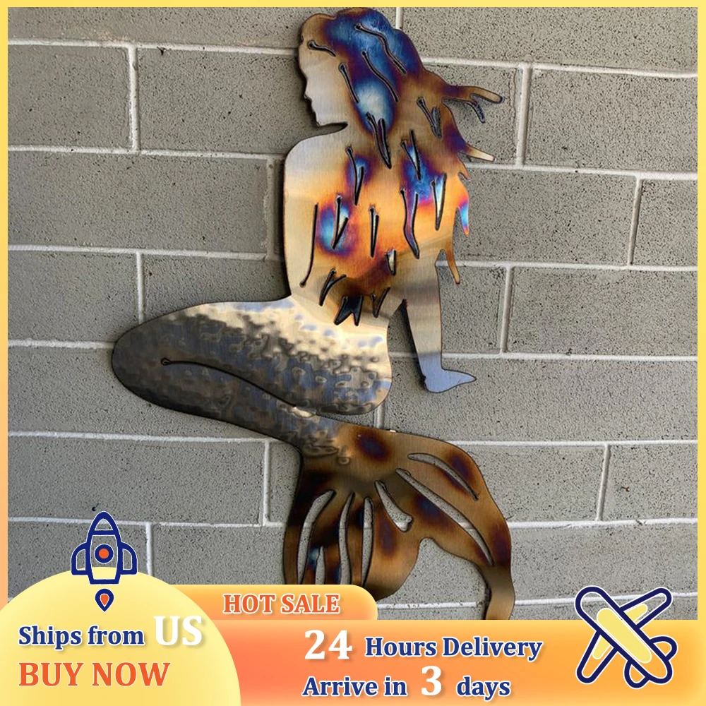 

3D Mermaid Metal Art Wall Decor Wrought Hollow Iron Handmade Creative Craft Home Garden Fence Sculpture Hanging Decoration