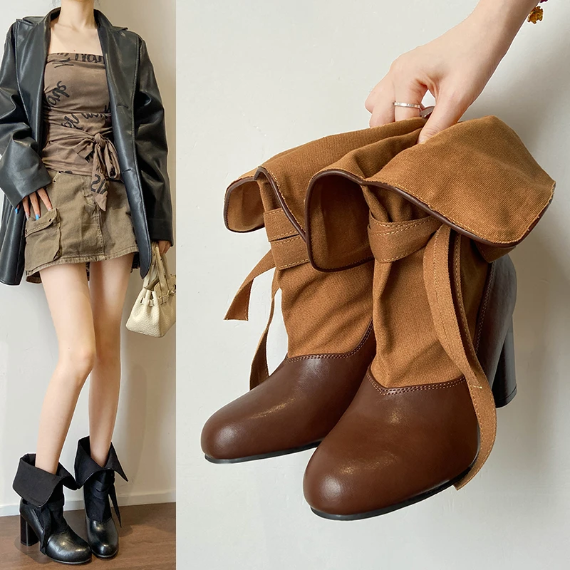 Botas de Media Pantorrilla de Cuero Suave con Cordones Retro para Mujer, Estilo 2026, Versátiles y Estilizadoras