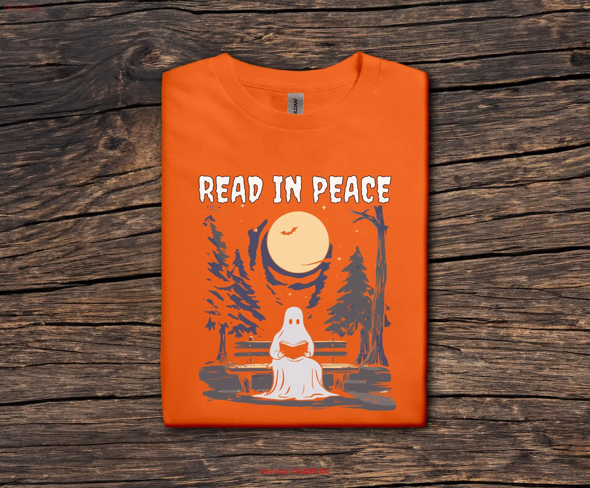 Ghost Reading T Shirt Read in Peace Design Spooky Park Bench Full Moon Halloween Book Lover  long or short sleeves