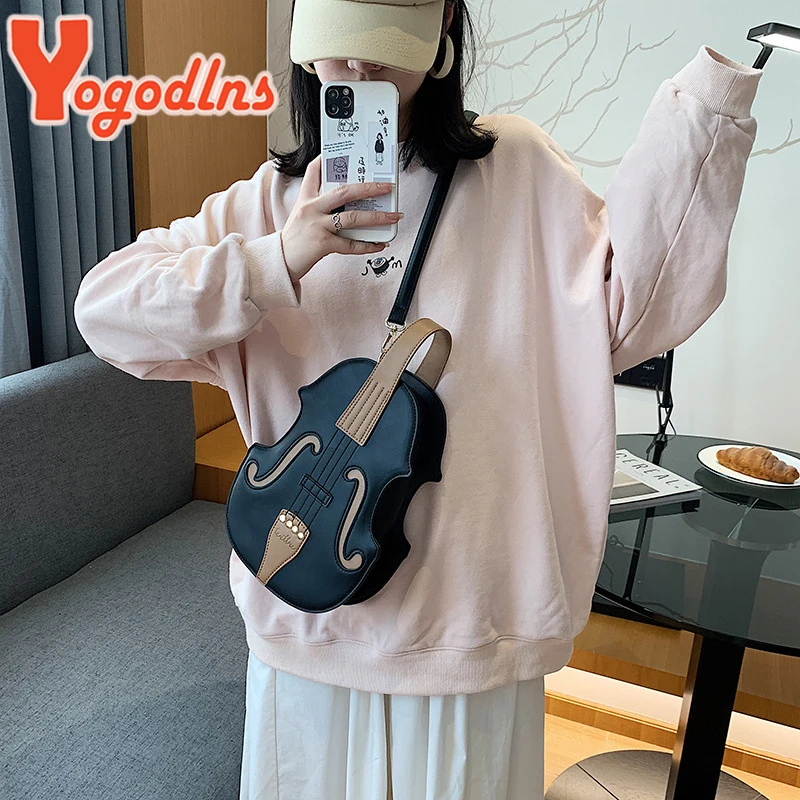 Yogodlns Violin Shape PU Leather Small Backpacks Women Creative Violin Female Crossbody Bag Sewing Thread Ladies Shoulder Bag