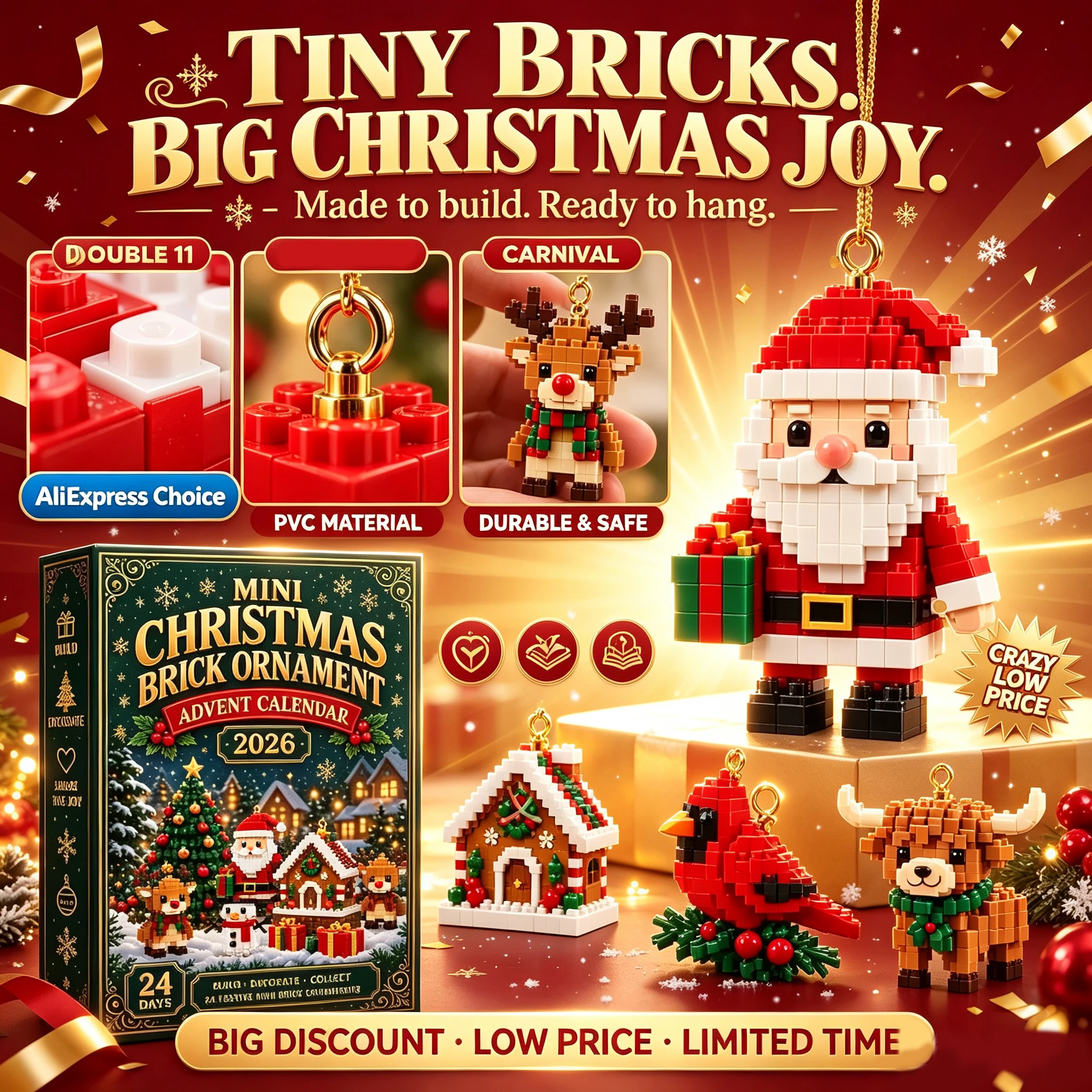 3D Mini Christmas Brick Ornament Advent Calendar 2026, 24 Days Christmas Countdown Building Blocks Kit,Christmas Tree DecorGift