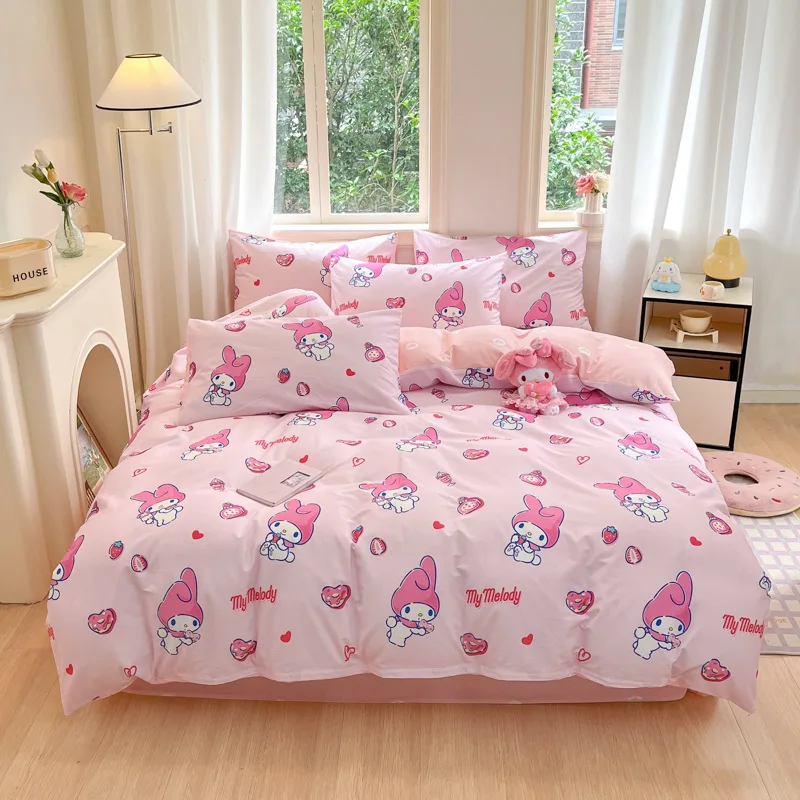 Sanrio-juego de sábanas de Hello Kitty para niños, edredón de 3 y 4 piezas de algodón con dibujos animados de Anime Kawaii, Cinnamoroll Kuromi, regalo para niños