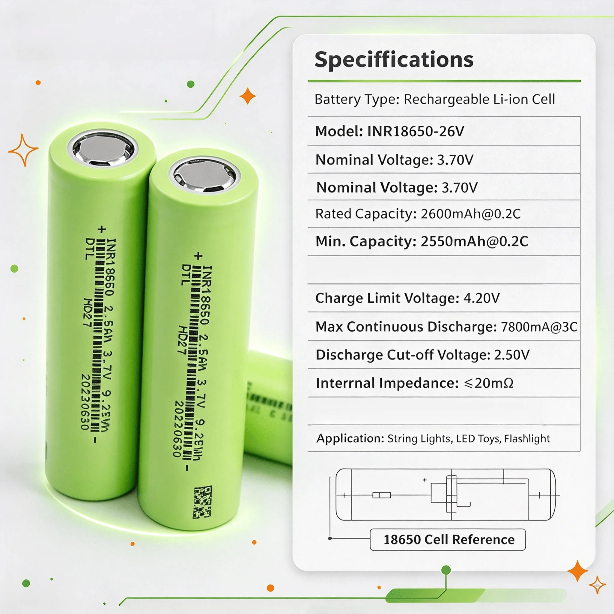 INR18650-26V 18650 2600mAh 3.7V Rechargeable Li-ion Battery For Christmas String Light Halloween LED Toy Flashlight
