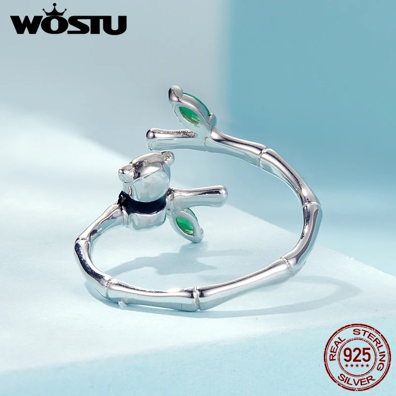 WOSTU Anello aperto in bambù con panda carino in argento sterling 925 placcato in oro bianco per le donne Gioielleria raffinata Festa Data Matrimonio Regalo semplice