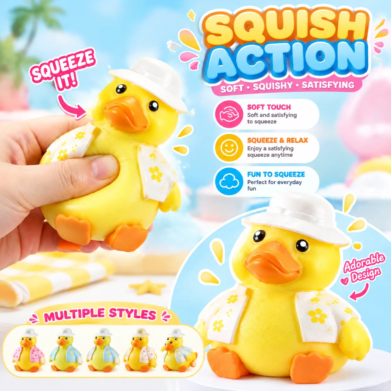 Squishy Duck Stress Relief Toy Yellow Dress Up Slow Rising Squeeze Fidget Toy Student Vent Toy for Kids and Adults
