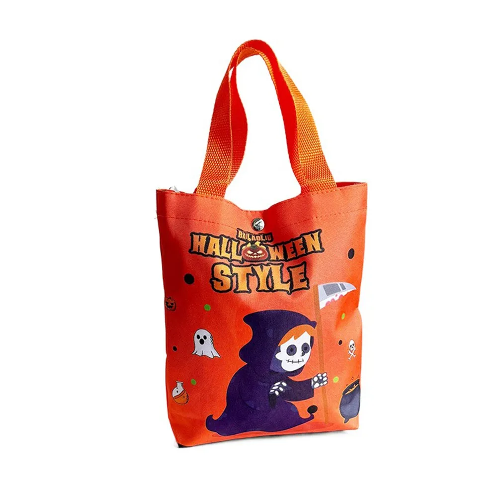 

Handheld Halloween Candy Tote Bag Portable Drawstring/Snap Button Halloween Gift Handbag Reusable Pumpkin Pattern Design