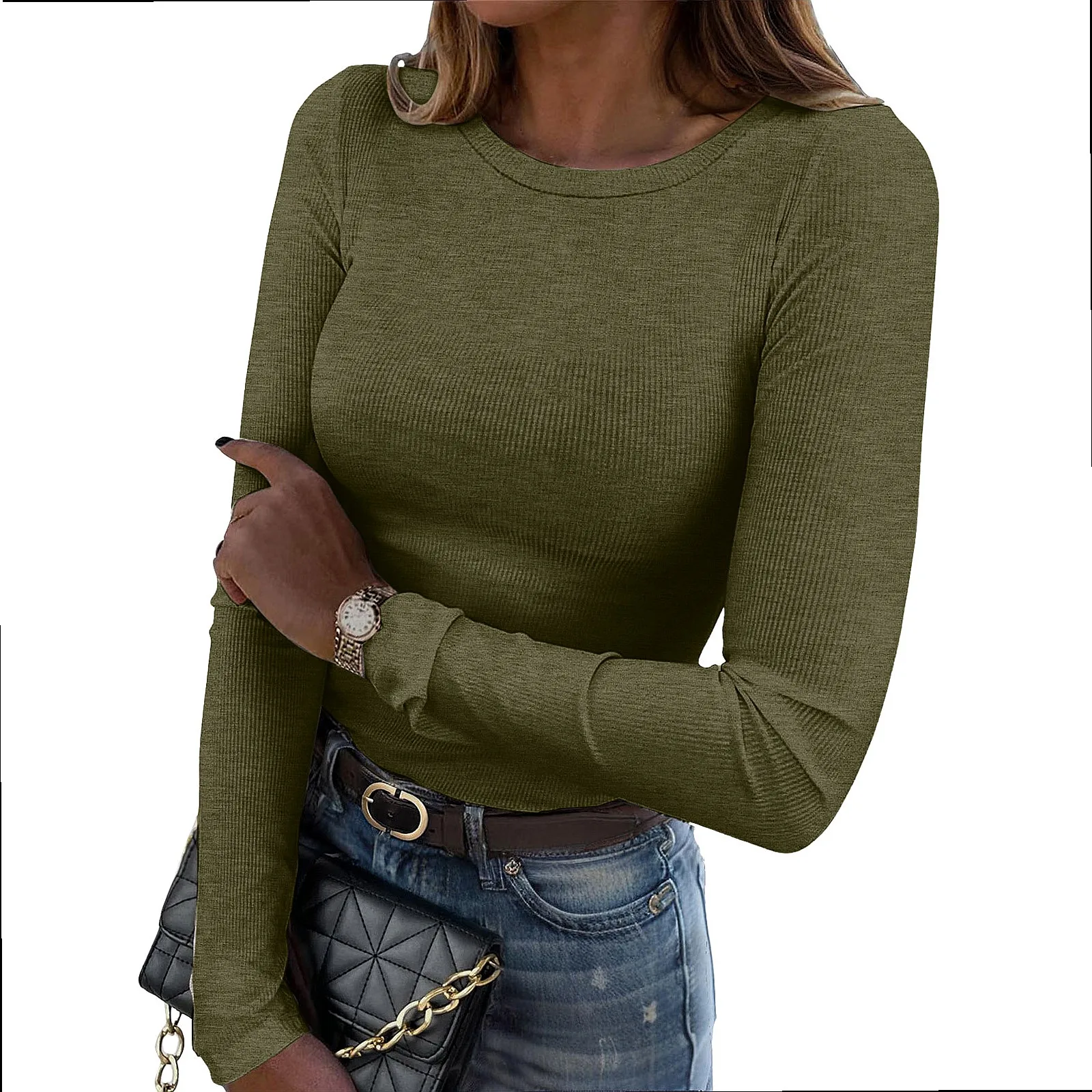 Women Long Sleeve Ribbed T Shirts Crew Neck Stretchy Basic Tops Tee Blouse Spring Summer