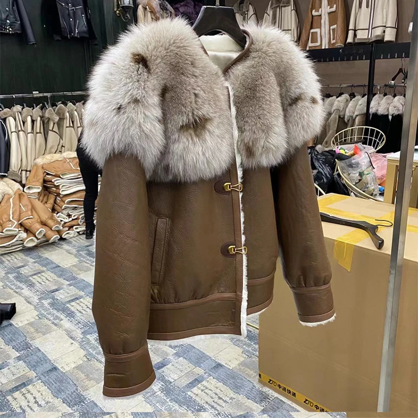 2023 Real Natural Merino Sheep Fur Genuine Leather Jacket Real Fox Fur Collar Winter Women Coat Thick Warm Luxury Female Coats