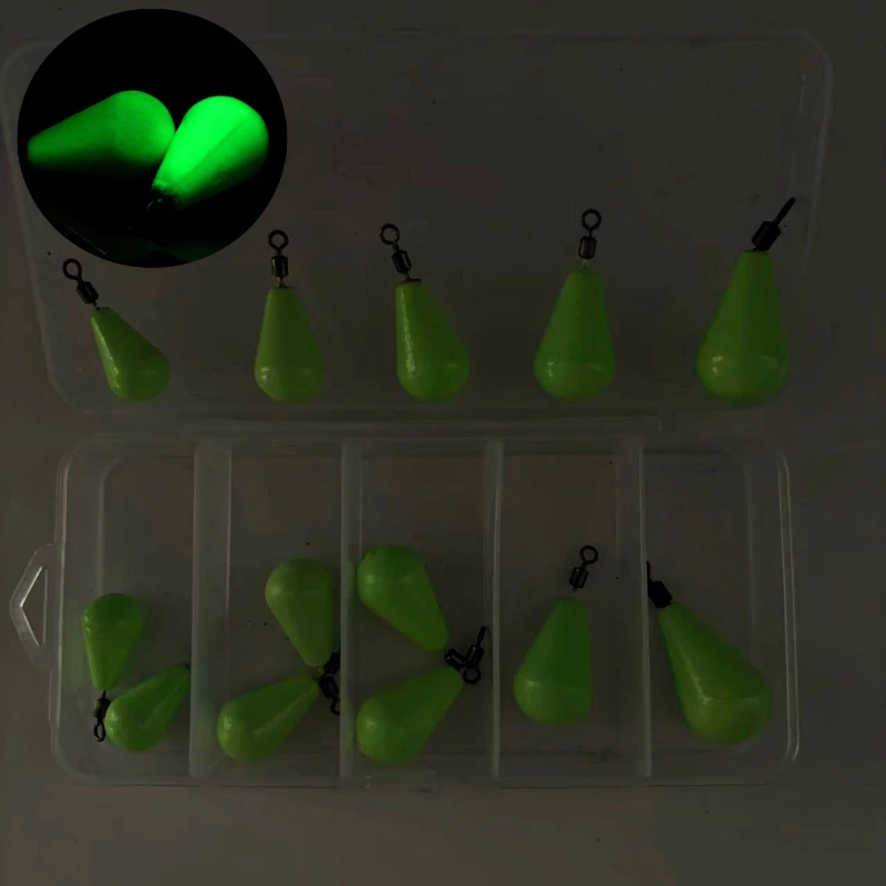 13 Stück/Box Leuchtende Tropfenbleie mit Wirbel 12~30g Schnell sinkende Hakenbleie für Carolina Rig Leuchtend im Dunkeln – Detail 2