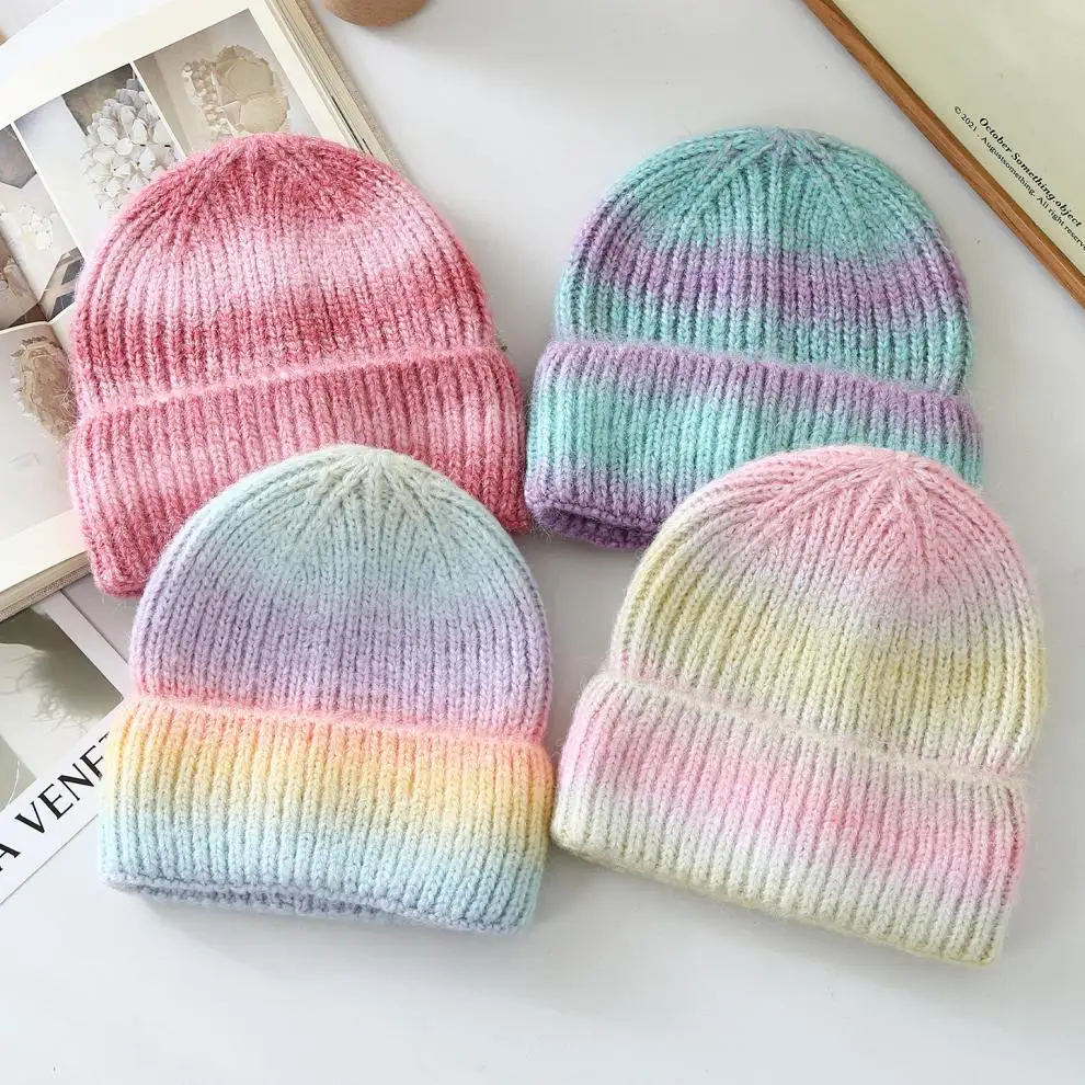Women's Gradient Dyed Knitted Wool Beanie Hat with Rolled Brim and Vertical Stripes, Thickened for Warmth, Versatile for Autumn and Winter Outdoor Activities, Soft and Skin-Friendly Winter Hat, Available in Multiple Colors