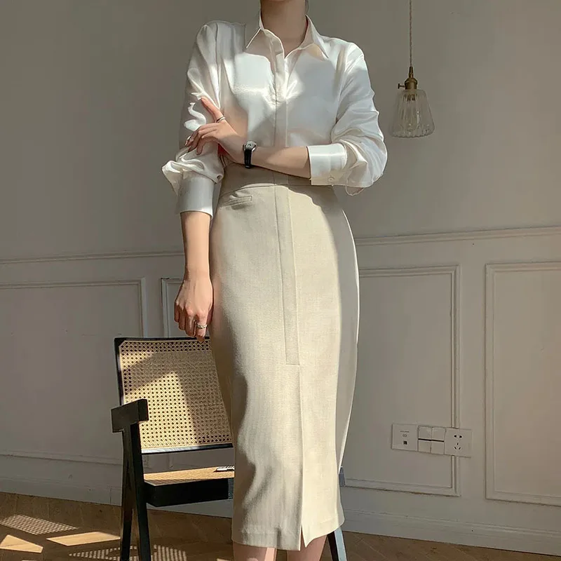 Lucyever White Imitation Satin Shirts for Women Korean Elegant Turndown Collar Silk Office Lady Blouse Solid Buttons Up Shirt