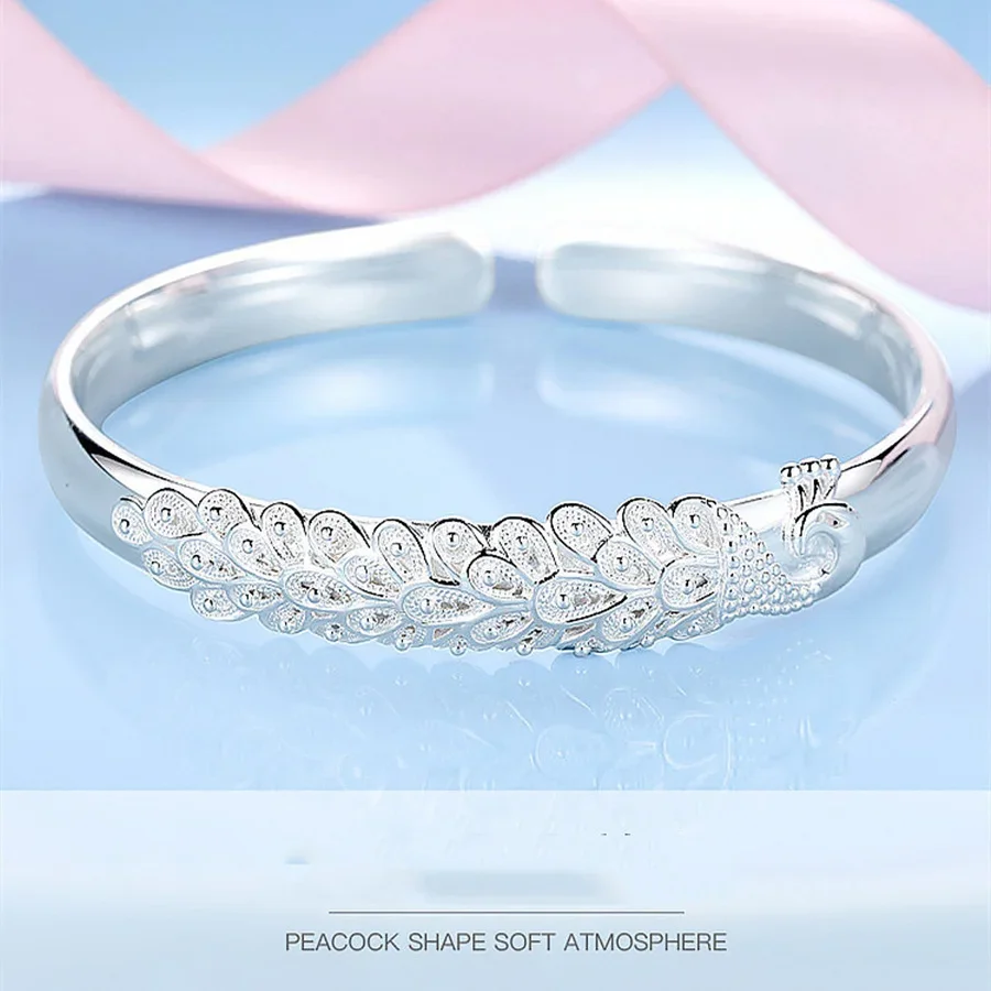 Hot 925 Sterling Silver Fine Peacock Opening Screen Bracelets Bangles For Women Fashion Wedding Jewelry Adjustable Holiday Gifts