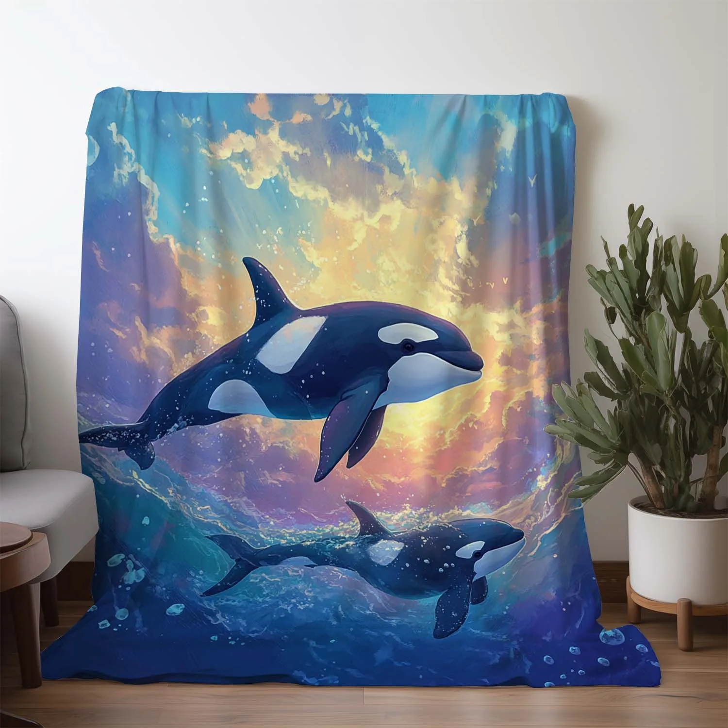 1pc Ocean killer whale pattern blanket, polyester fabric, machine washable, suitable for bedroom and living room decoration