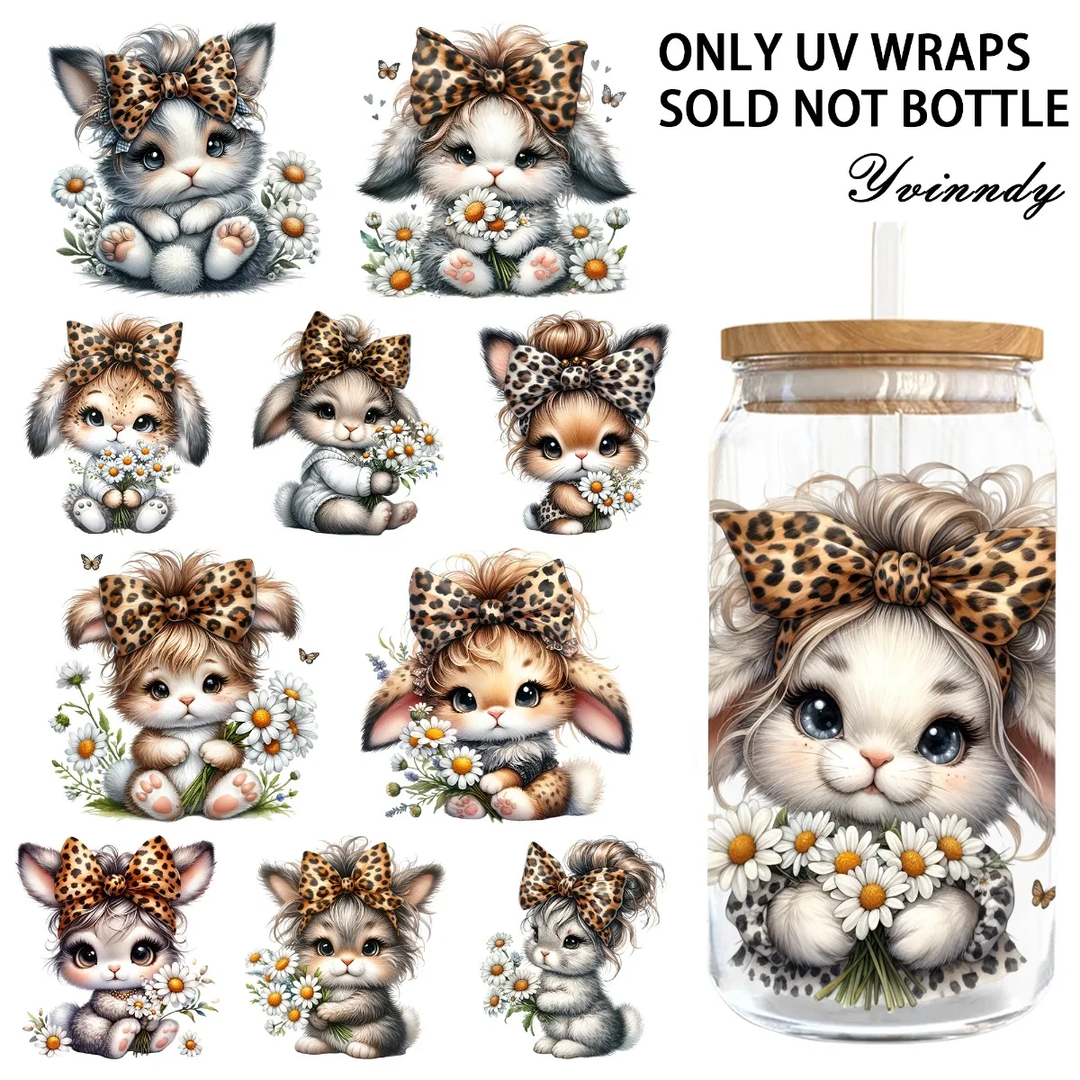 5 Stück/Set Ostern Leopardenmuster Hase und Gänseblümchen UV DTF DIY 16OZ Transferaufkleber für DIY-Becher