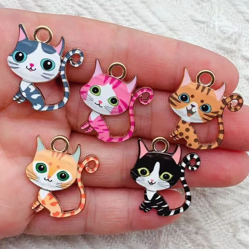 10pcs Cute Cat Charm Jewelry Accessories Enamel Necklace Earring Bracelet Pendant Diy Making Supplies Alloy Metal Gold Plated