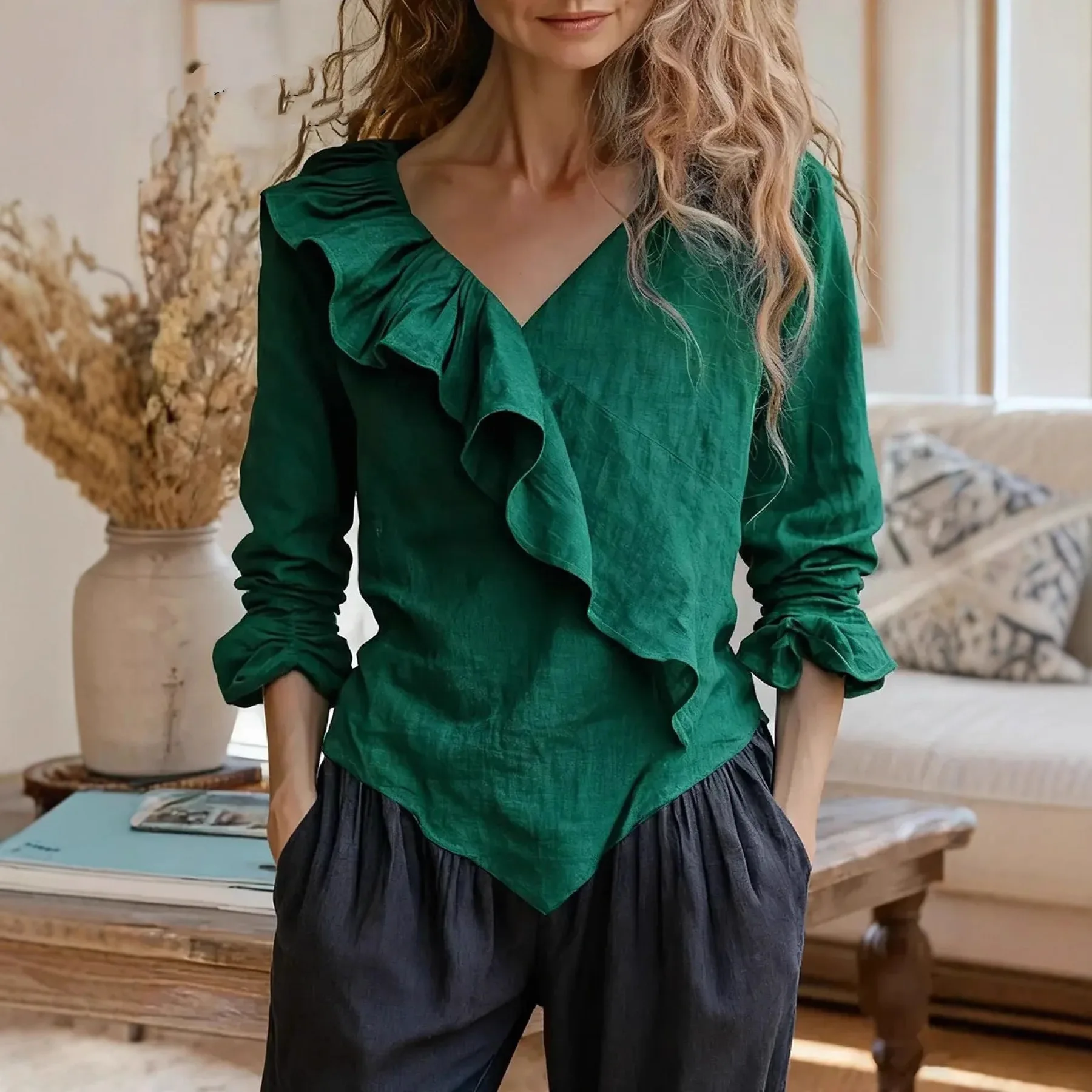 New Fashion Shirt Women's Solid Color V-neck Long-sleeve Casual Shirt Spring Autumn New Ruffle Loose Versatile Female Tops