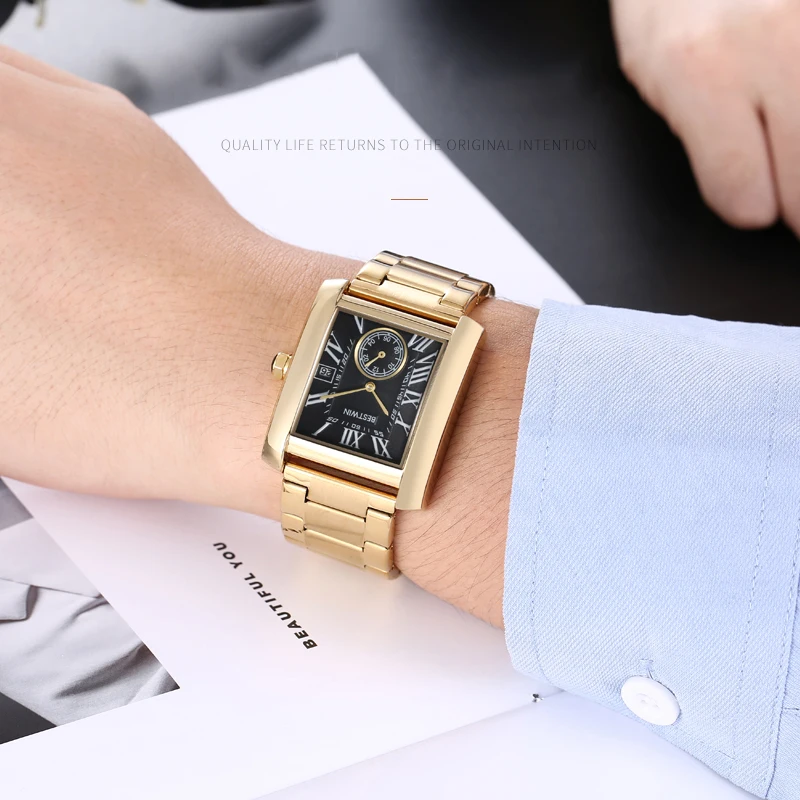 Luxury fashion watches for men business men watches square two and a pin quartz clock fine steel strap men watches Relogio Homem