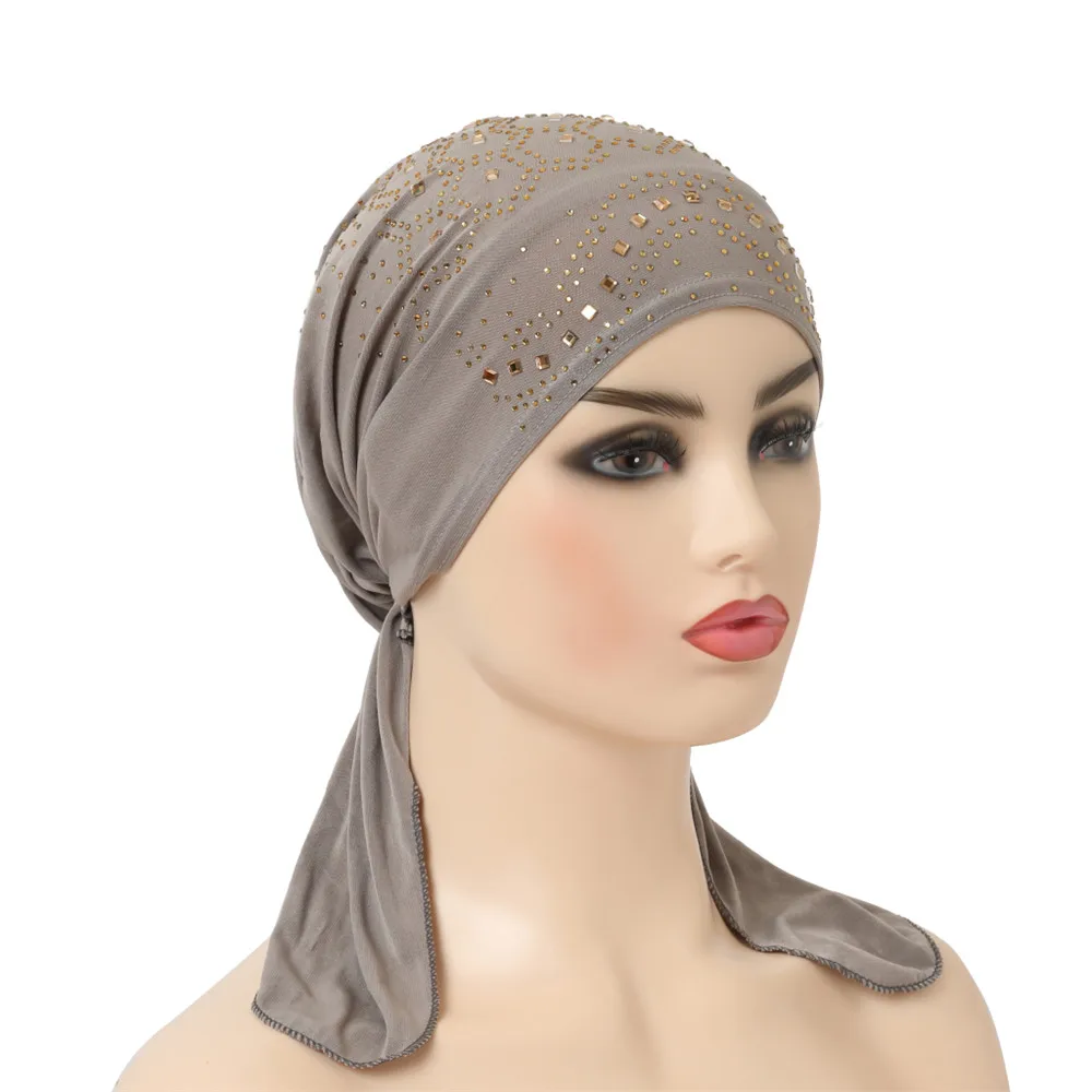 Pre-Tied Rhinestone Muslim Inner Hat Hijab Chemo Cap Women Headwear Underscarf Islamic Head Wrap Bonnet Hair Loss Long Tail Caps