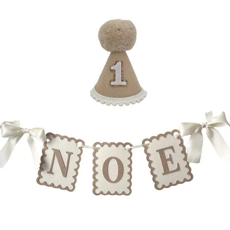 INS Style Bow ONE Non Woven Felt Banner Hat 1st Birthday Chair Garland Photo Props for Kids Birthday Baby Shower Party Decor