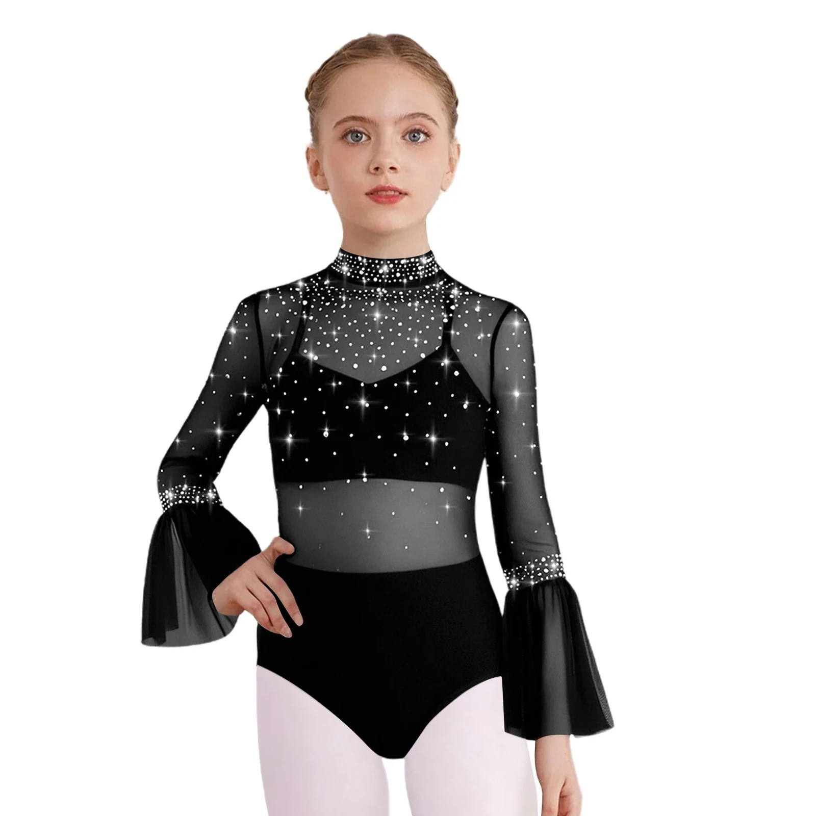 

Kids Girls Ballet Gymnastics Leotard Flare Sleeve Sheer Mesh Patchwork Shiny Rhinestone Bodysuit Figure Skating Dance Costume