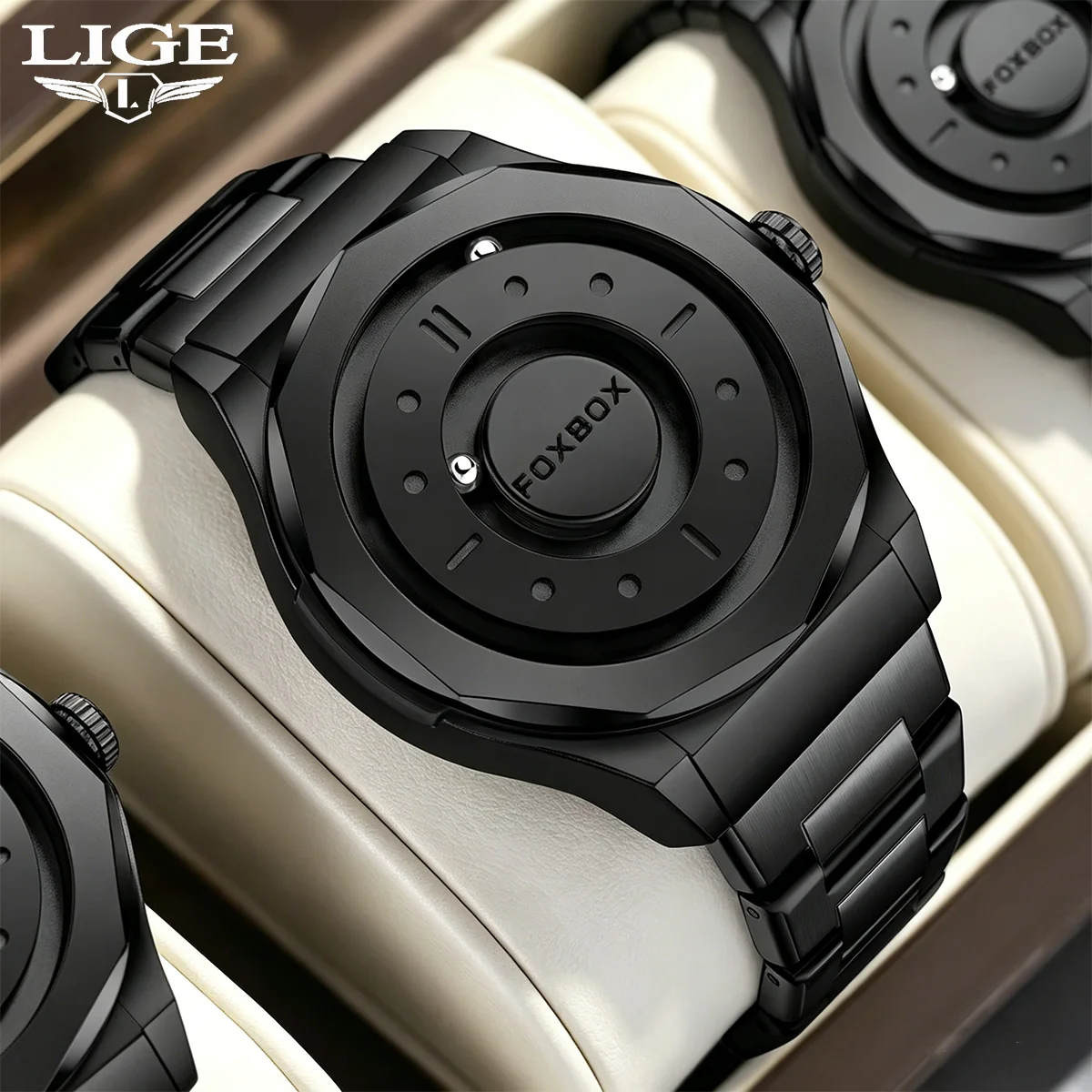 FOXBOX 2026 Sport Watch For Men Rolling Pointer Magnetic Force Man Watches Black Stainless Steel Men Quartz Watches Reloj Hombre