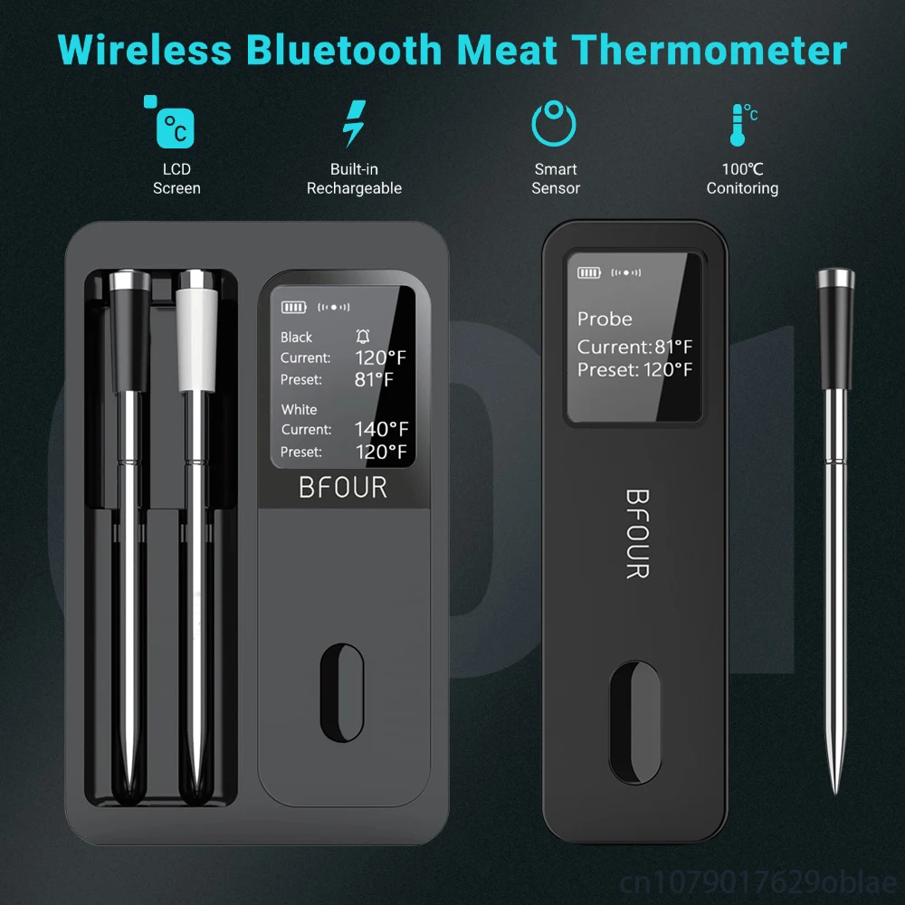 Wireless Bluetooth Meat Thermometer IP67 Waterproof Probes with LCD Screen Booster Rechargeable for Grilling Smoker BBQ Oven