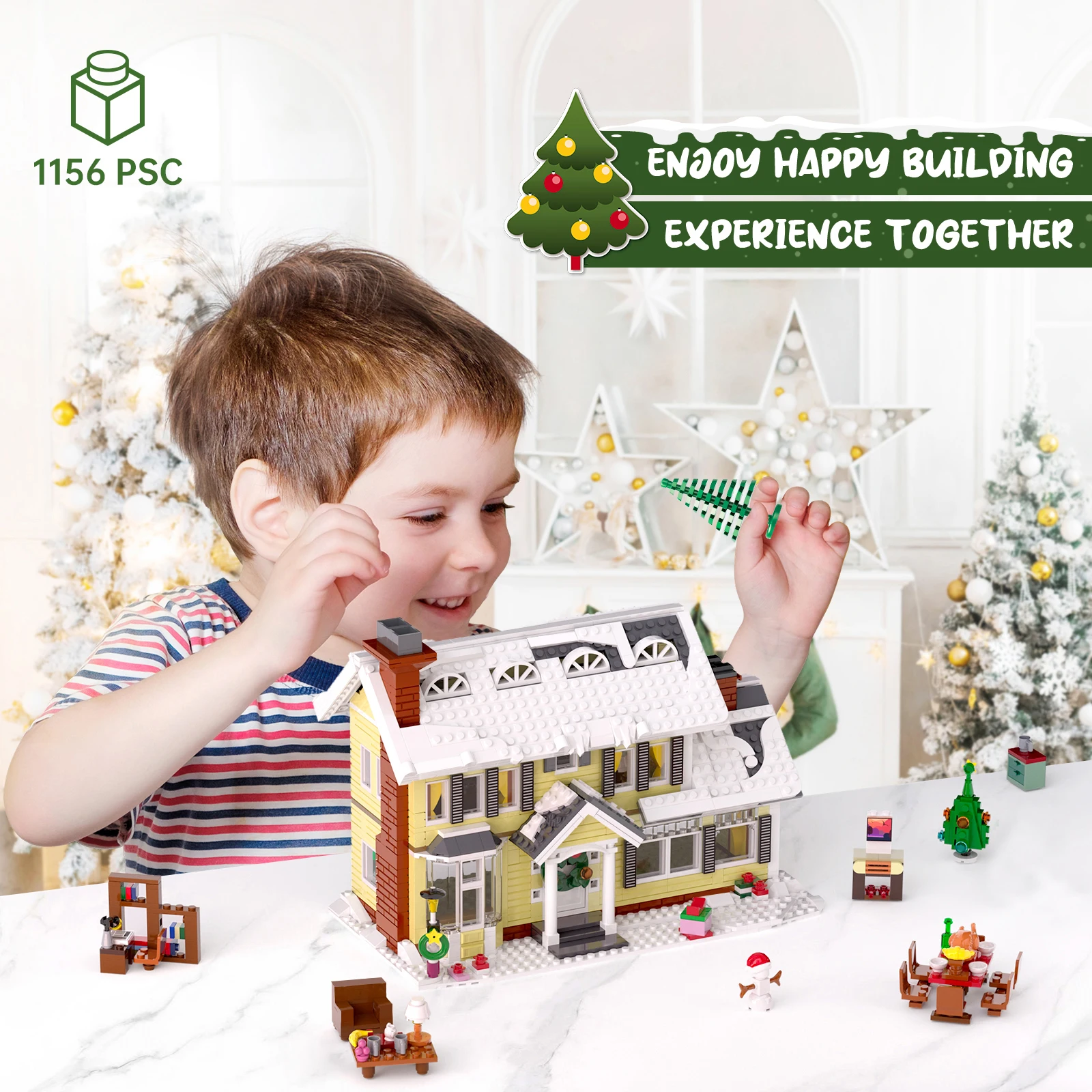 Ensemble de construction de maison de vacances de noël, briques de Village de neige de vacances de noël à LED, cadeaux pour garçons, filles, famille et amis