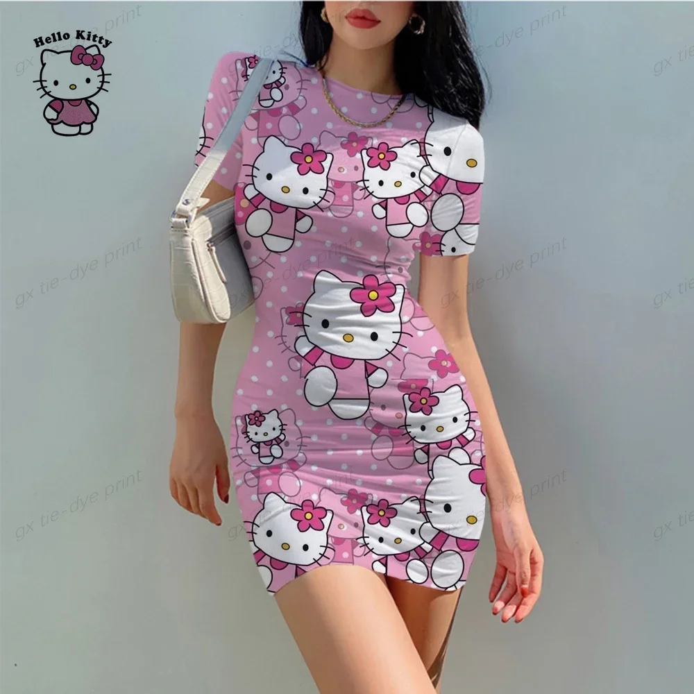 Hello Kitty Cartoon Women's Dress Elegant Dress Office Slim Fit Women's O-Neck Summer Casual Cartoon 3D Print Mini Dress Vestido