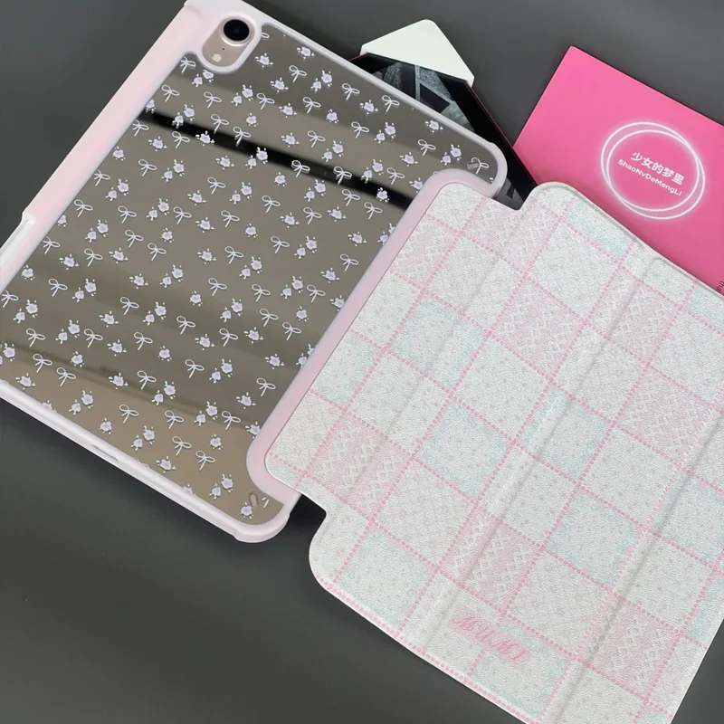 Pink Checkered Bow Flower Mirror For iPad 11th A16 10 9 8 7 5 Pro 13 11 M5 M4 M3 M2 12.9'' Air  4 3 2 1 Mini 7 6 8.3'' Cover