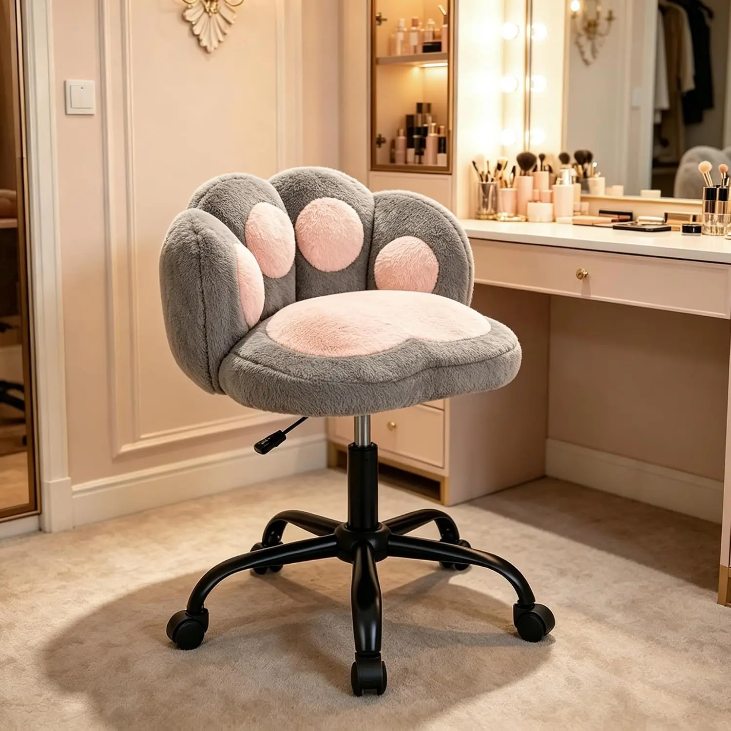 Cat Paw Back Vanity Chair – Armless Cute Teddy Fabric Desk Chair with Wheels, 360° Swivel & Adjustable Height, Small Office Chair for Kids Room, Bedroom, Vanity, Grey