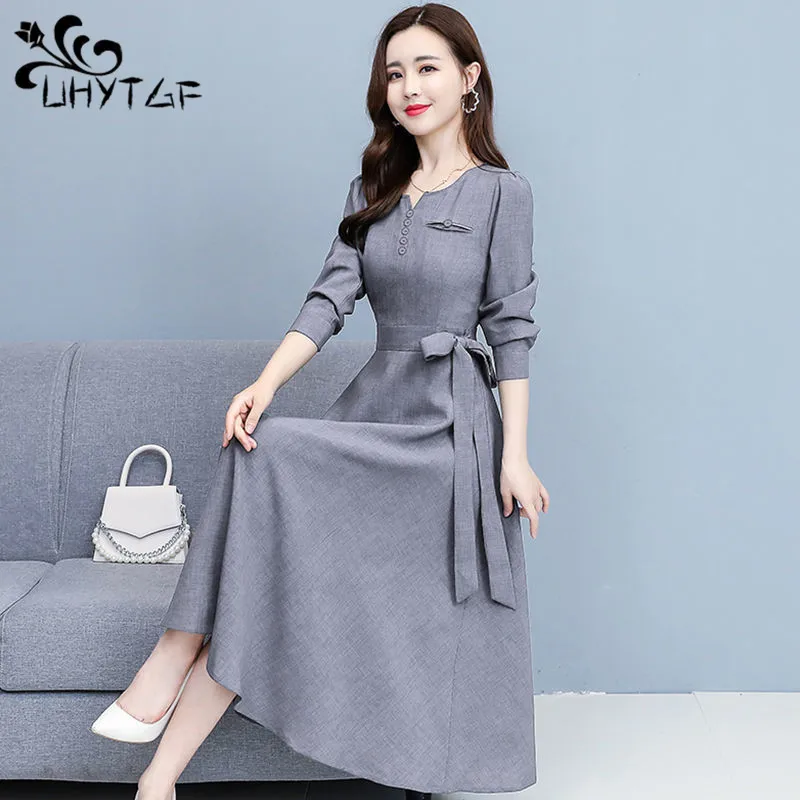 Cottin Linen Dresses Women's Dress Long Sleeve 2024 Autumn Women Clothing Korean Fashion Belt Vintage Elegant Party Simple Dress