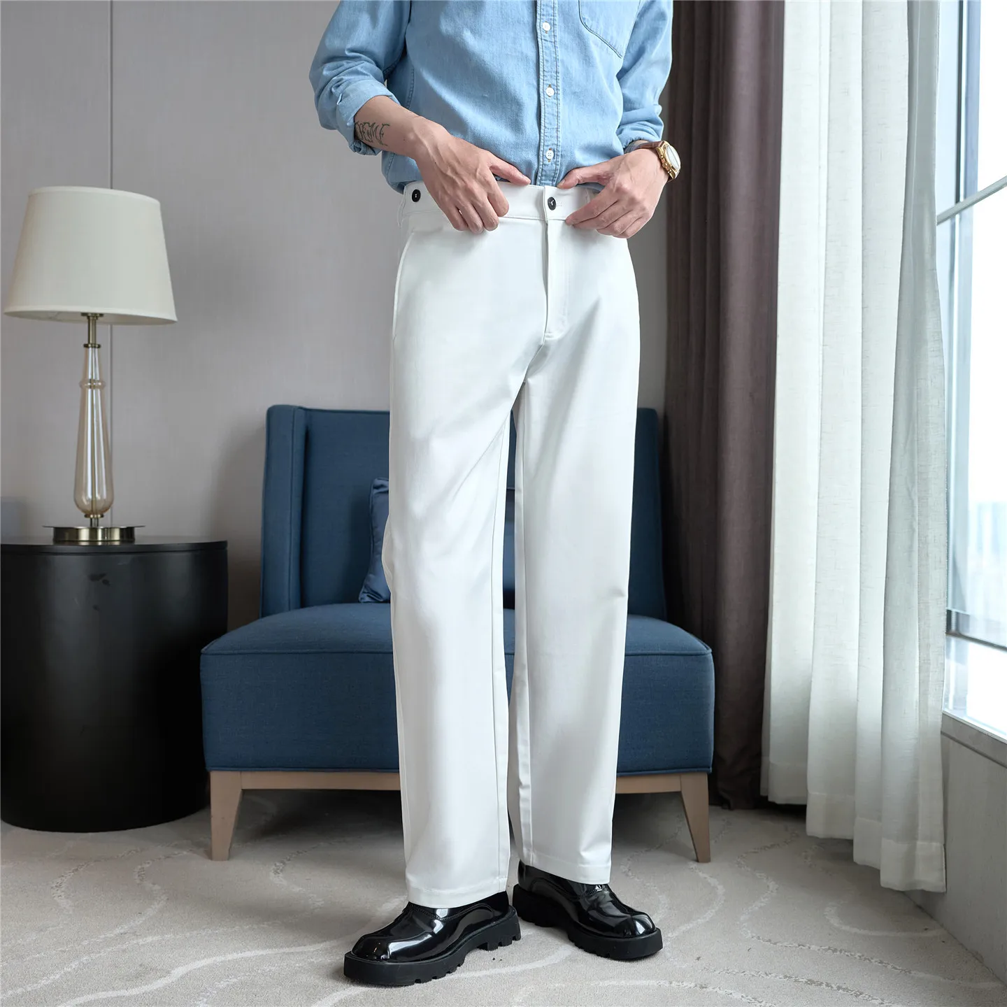 

Autumn American Casual Pants Men Lyocell Cotton Loose Elastic Waistband Button Up Work Pants White Black Business Dress Trousers