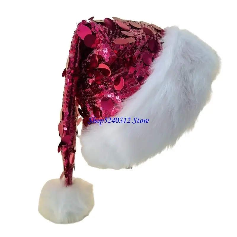 634C Shining Big Sequins Santa Hats Furry Trim Christmas Hats Headwear for Formal Event