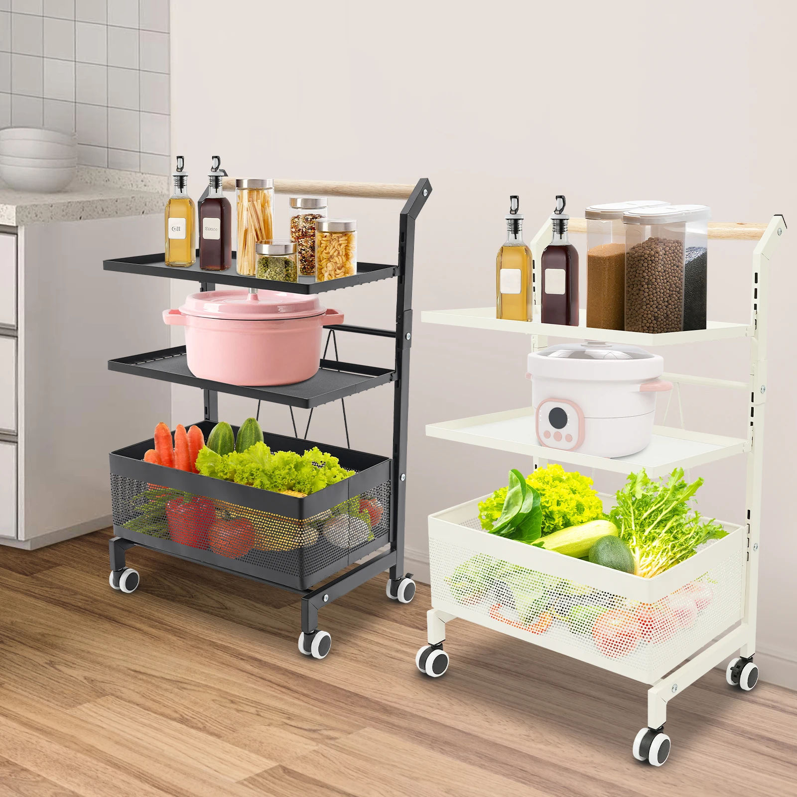 Lagerregalwagen Weiß/Schwarz Rostbeständiger Lebensmittelwagen mit Rädern für Küche/Wohnzimmer/Schlafzimmer/Schlafsaal/Badezimmer – Detail 1
