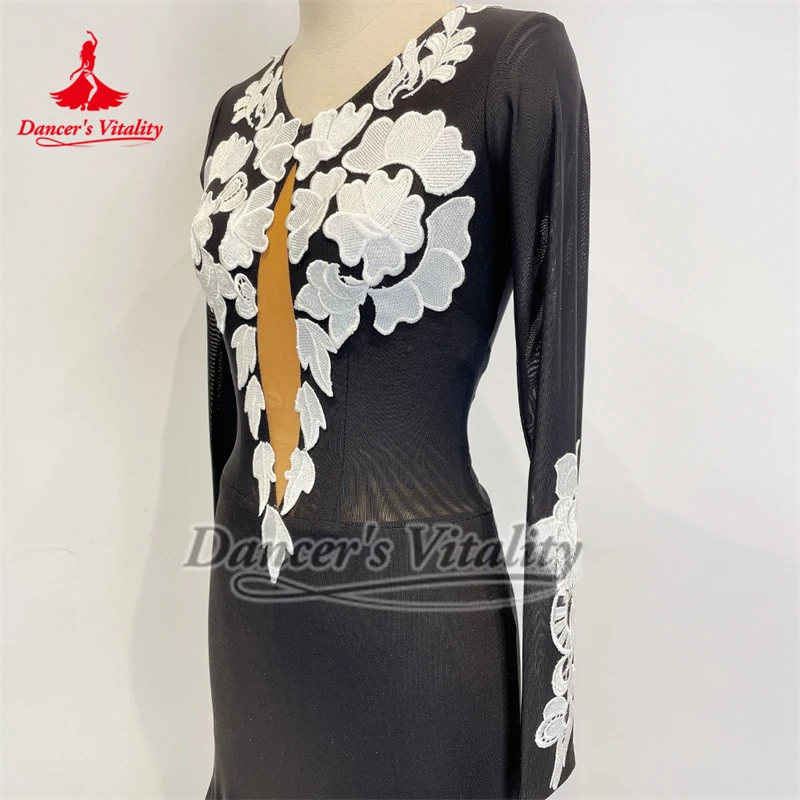 فستان نسائي من Foxtrot Waltz Tango للتدريب على الأداء والممارسة ملابس مخصصة لحيوية الراقصة باللون الأسود للرقص الاجتماعي ملفوفة على الورك