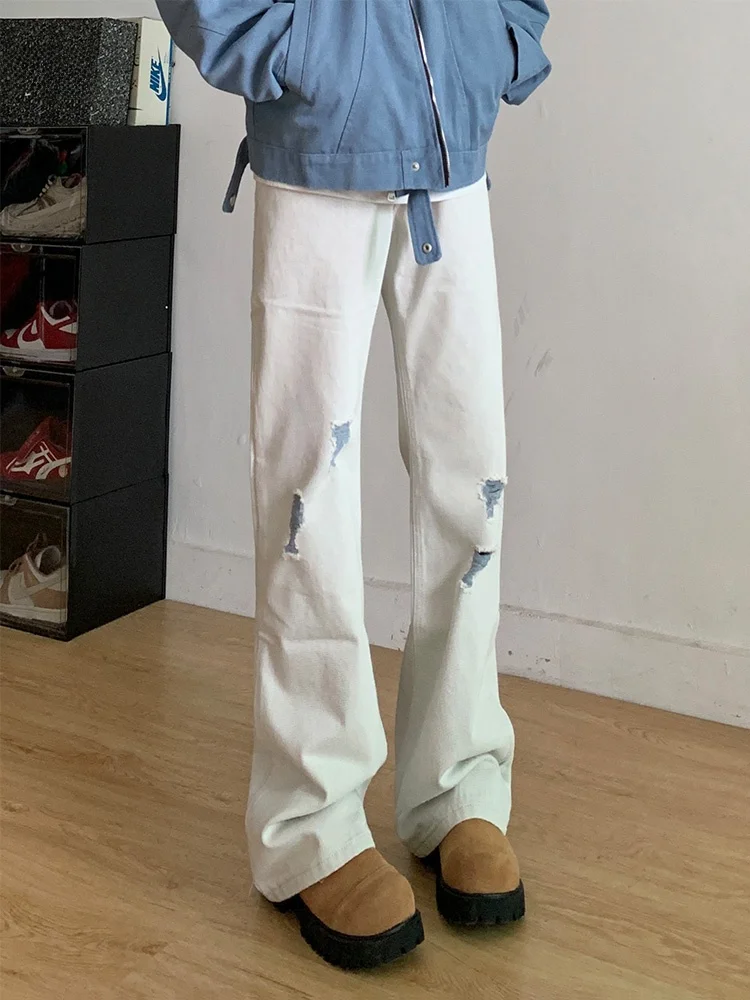 

Loose Fit Bell Bot Denim Jeans Tear Hole American Retro White ey Men Women Long Pants Cleanfit Versatile Jeans