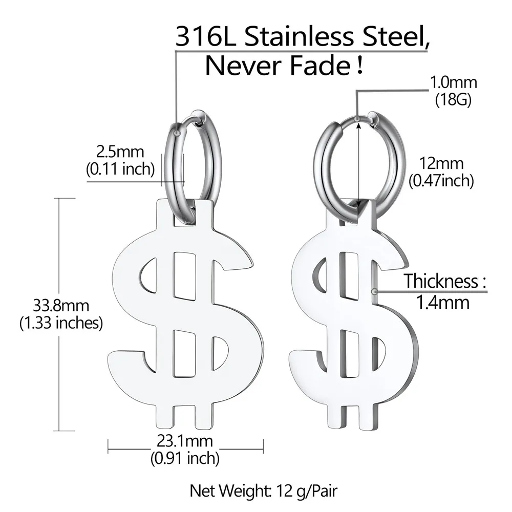 U7 Stainless Steel USA America Currency Dollar Sign Dangle Earrings for Man Woman 3d $ Charm Hip Hop Unisex Jewelry QC view 2
