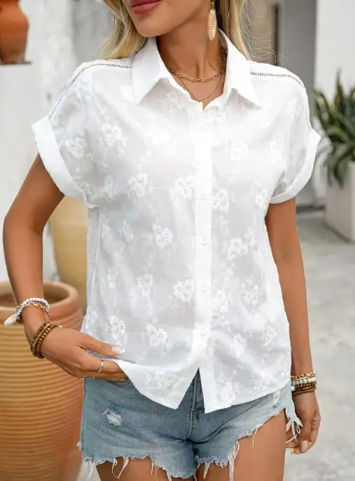 

2025 Summer New Women's Cardigan Top Women's Lapel Cotton Embroidered Shirt