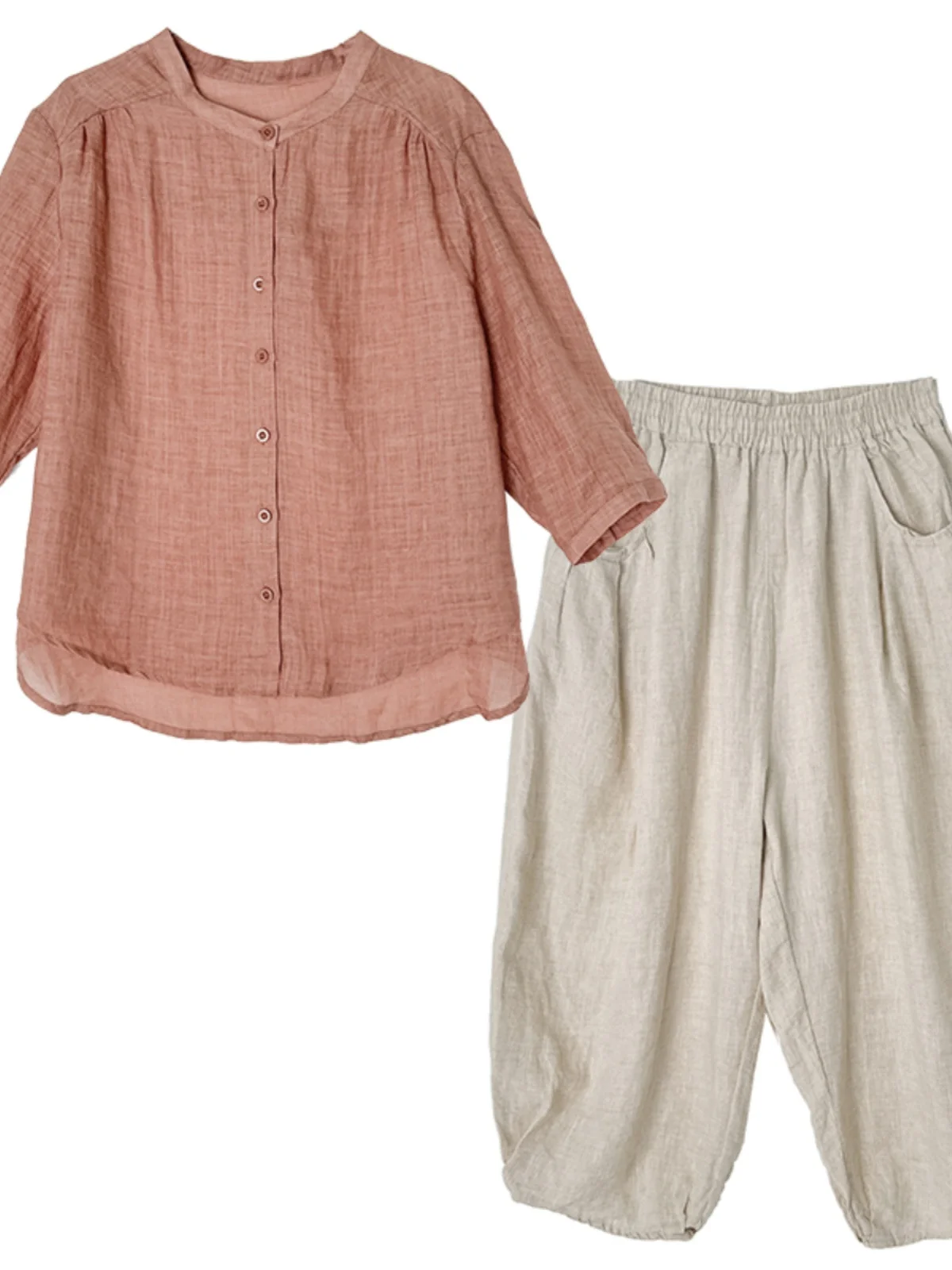 2024 verano Faion mujer algodón Lino siete-Sve Casual irt y pantalones Harlan conjunto de dos piezas redondo Ne Button-Up Sle