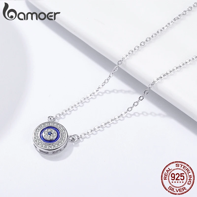 BAMOER Hot Sale 100% 925 Sterling Silver Blue Lucky Eye Guardian Eye Pendant Necklace for Women Clear CZ Fine Jewelry SCN165 - Image 3