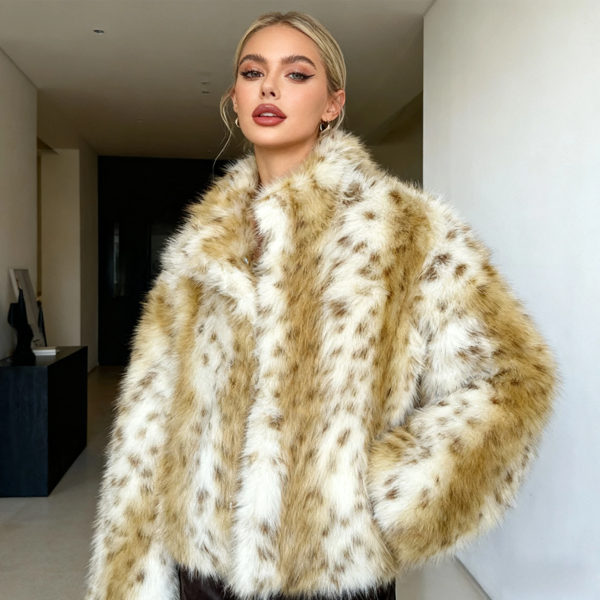 

Faux Fur Coats Work Loose Women Furry Jackets Turn Down Collar Leopard Y2k Print Coat Thick Warm Streetwear Jacket Autumn Winter
