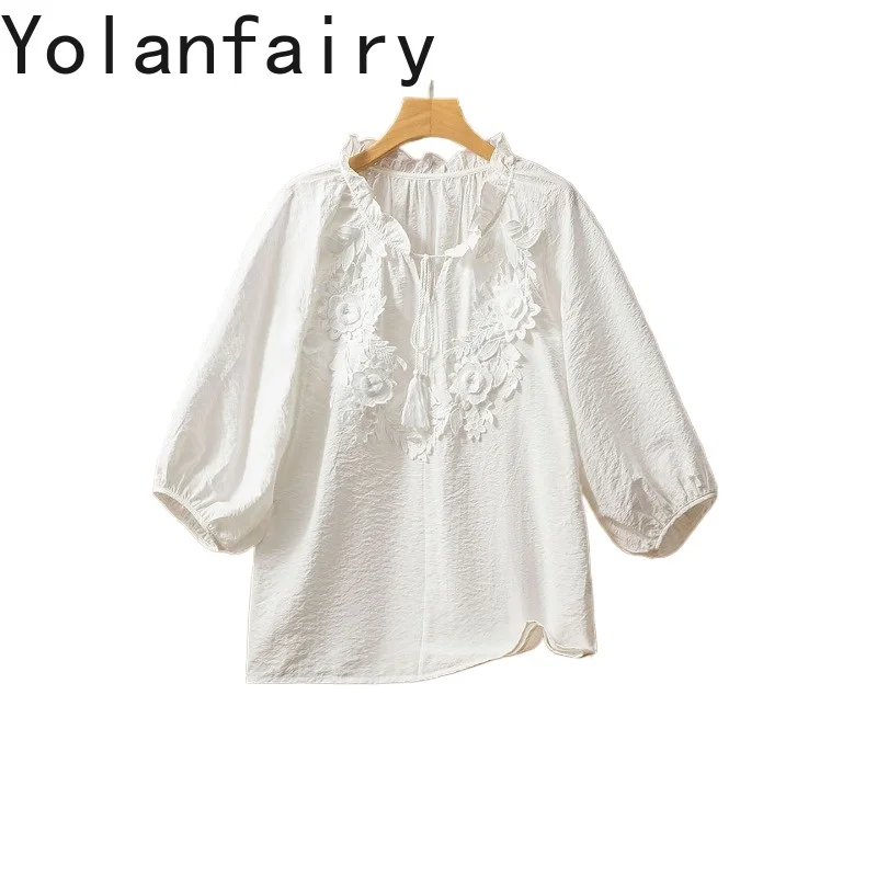 

YOLANFAIRY Real Silk Dry Silk Shirts Female Summer 76% Mulberry Silk Blouse Woman Elegant Lantern Sleeves Loose White Shirt Top