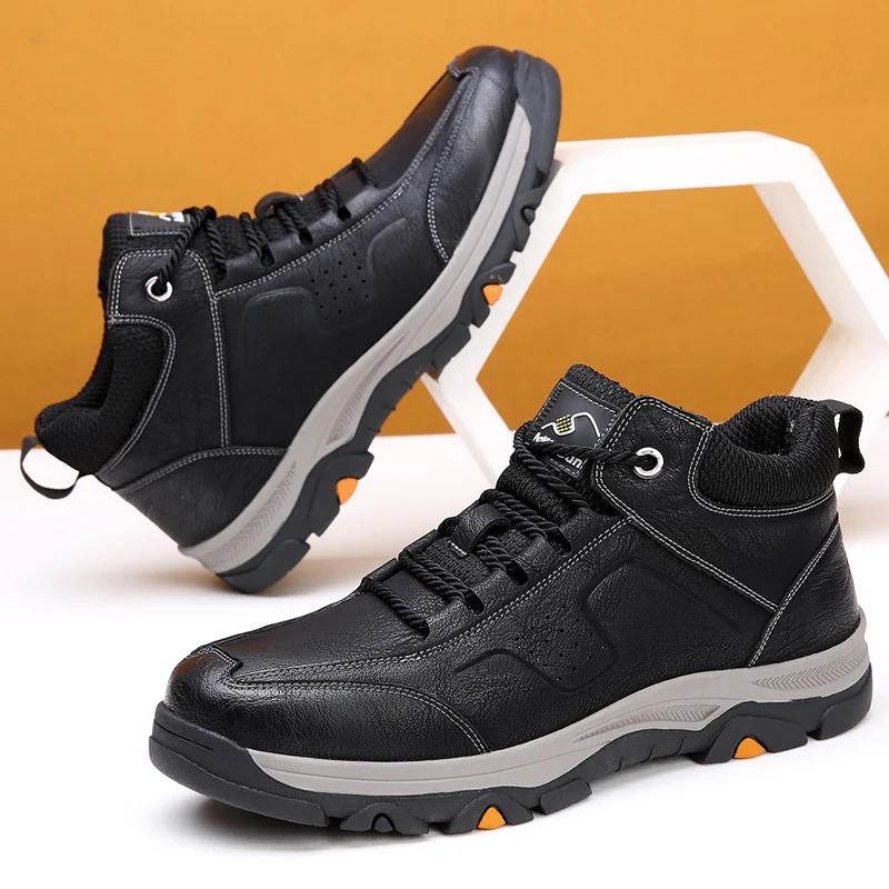 2025 Men Boots Leather Water Proof Shoes Male Winter Boot Black Platform Sneakers Men\'s Safety Shoe Fur Keeps Warm Snow Boots