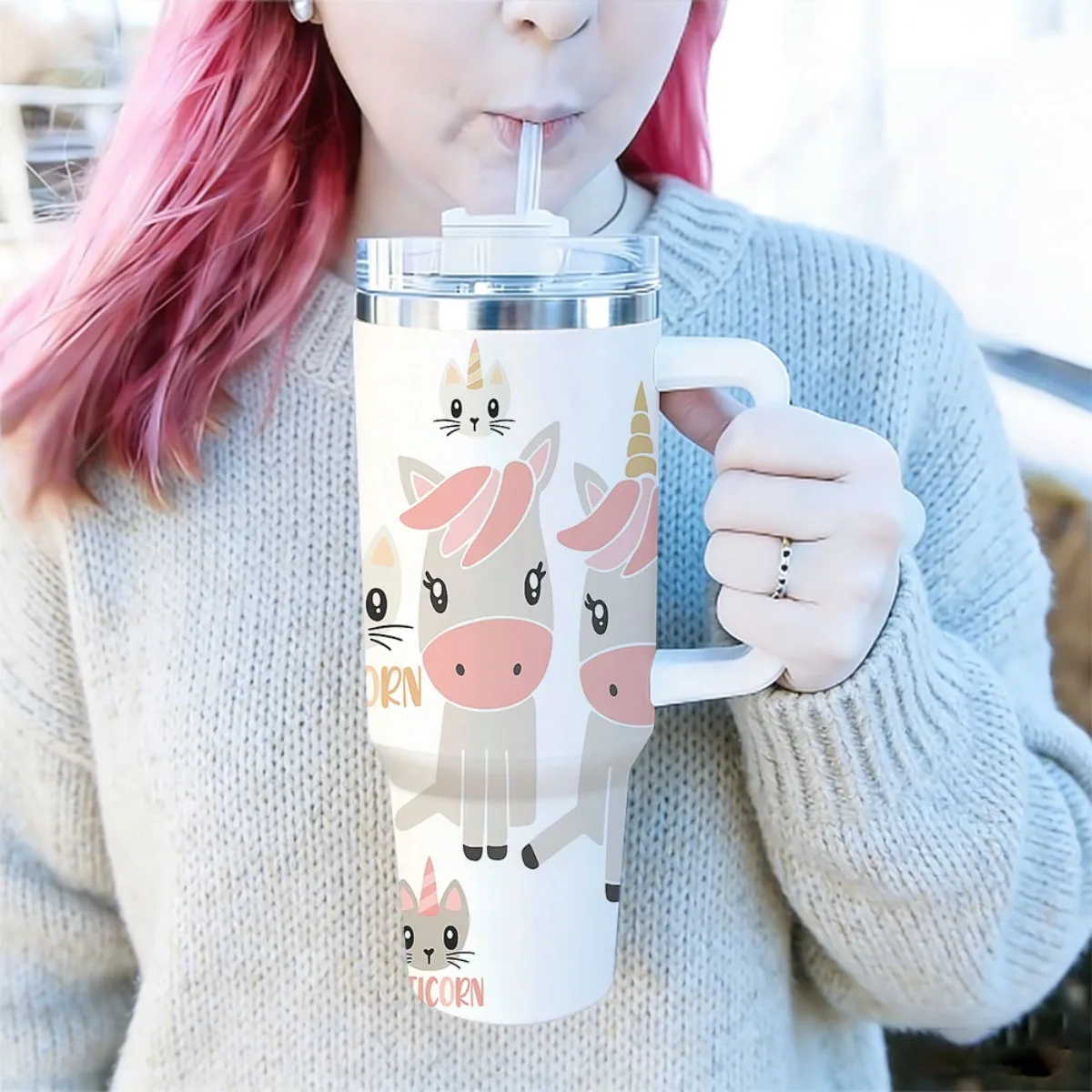40oz Tumbler with Handle Cute Unicorn Cat Print Insulated Cup, Other colors sold out, random black or white shipment for other color orders